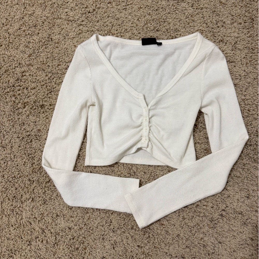 Princess Polly Cream Ribbed V-Neck Blouse